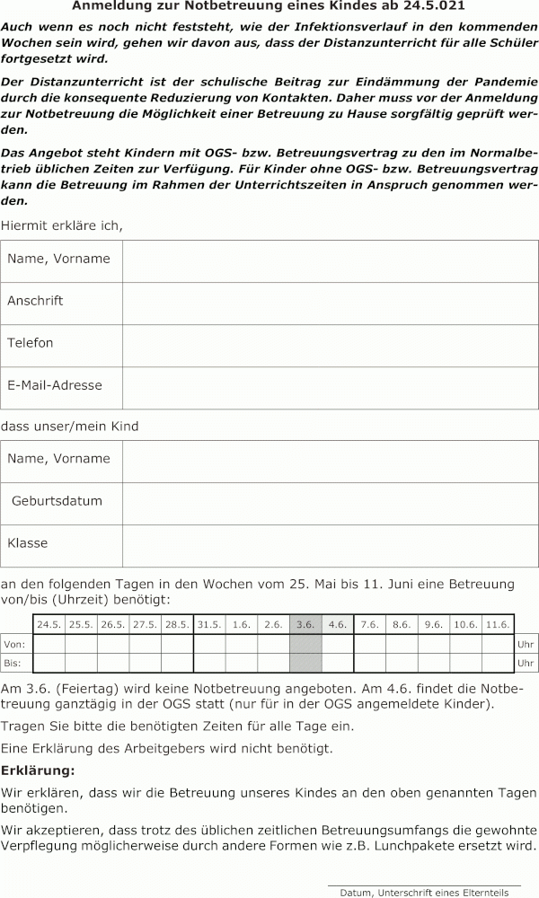 Antrag Notbetreuung Distanzunterricht 3. bis 21.5.2021