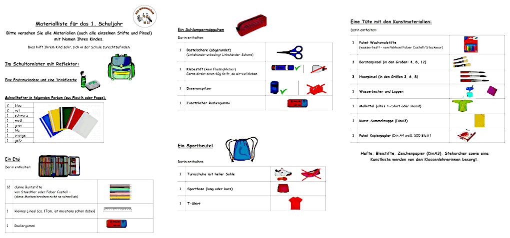 Materialliste für das 1. Schuljahr